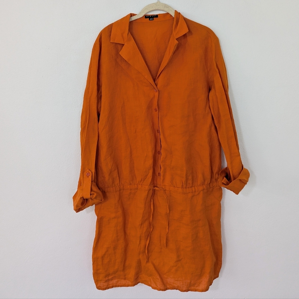 Sisley Linen Knee Length Shirt Dress Adjustable Waist Collared Roll Tab Large L